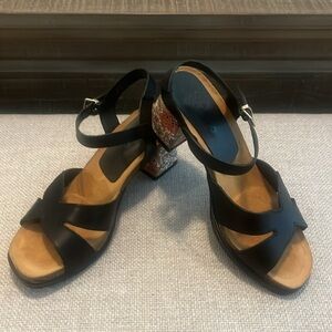 Yokono Leather Black Block Heel Sandals